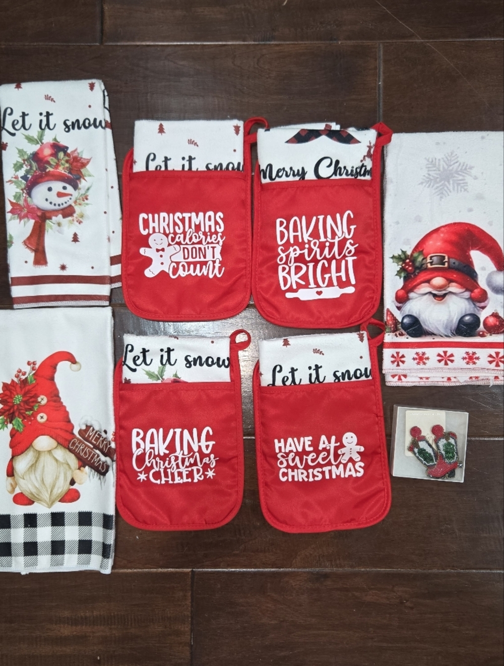 Holiday Red and White Kitchen Towel & Oven Mitt Set And Earrings